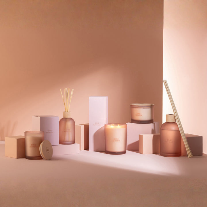 Interior setting showcasing multiple Rose Rêveuse products arranged together.