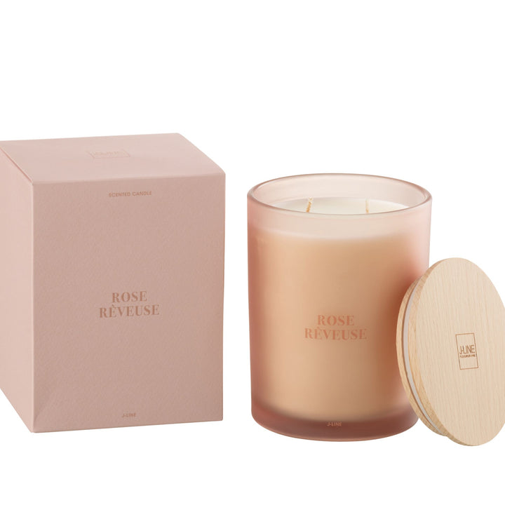 Rose Rêveuse candle shown with wooden lid and frosted rose glass.