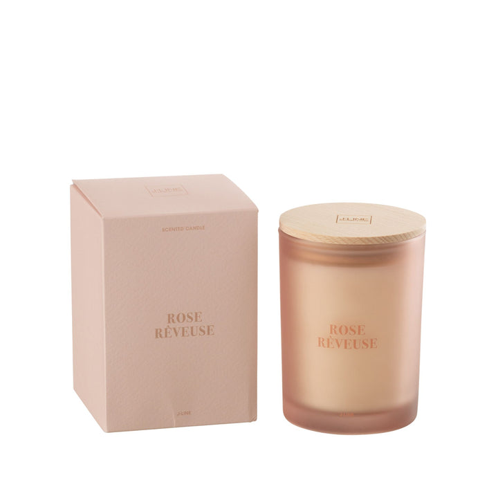 Rose Rêveuse candle shown with wooden lid and frosted rose glass.