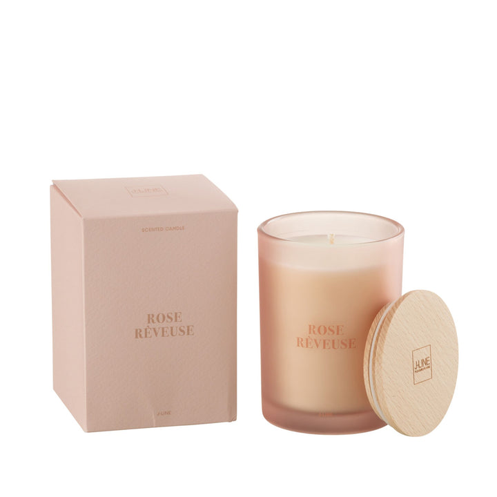 Rose Rêveuse candle shown with wooden lid and frosted rose glass.