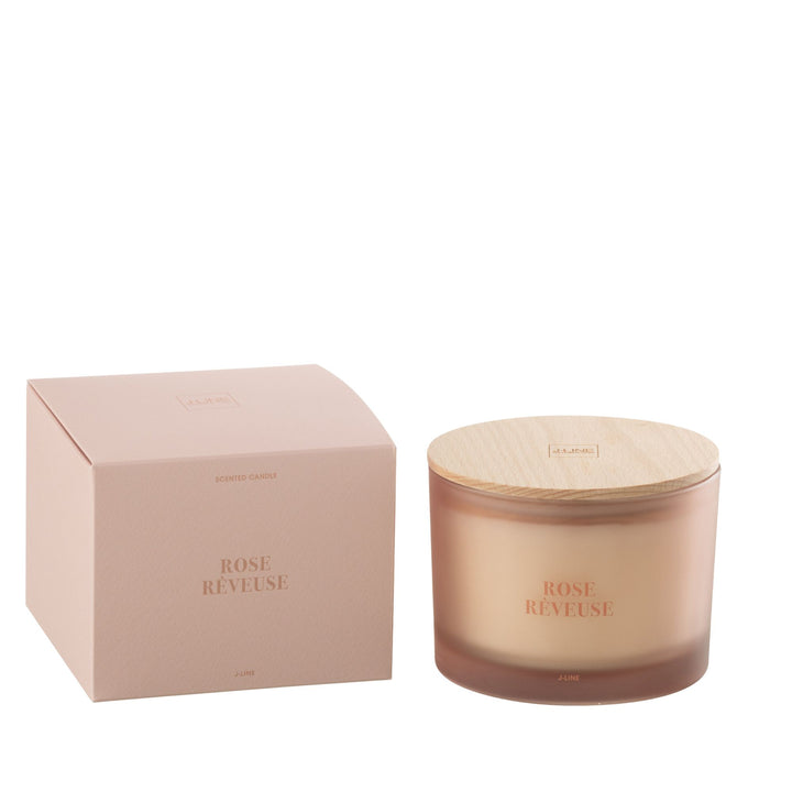Rose Rêveuse candle shown with wooden lid and frosted rose glass.