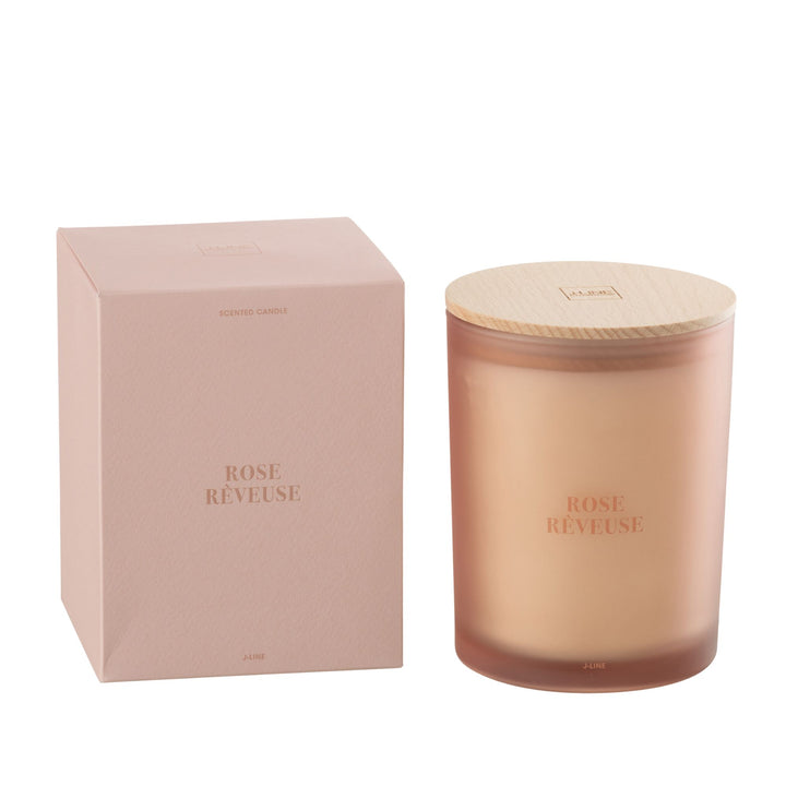 Front view of the Rose Rêveuse scented candle with packaging in soft rose tones.