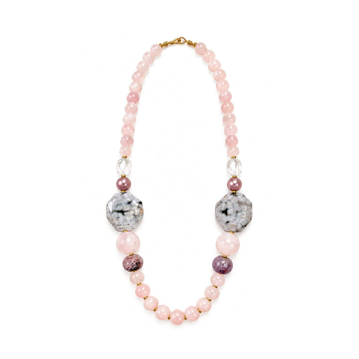 Front view of the Rose Ocean Stone Necklace with rose quartz, ocean jasper and rock crystal