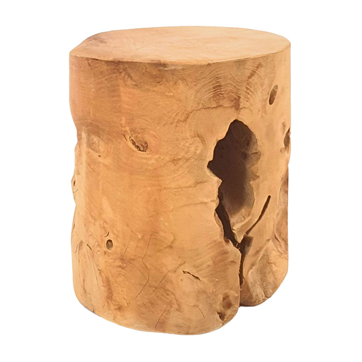 RURUTU TEAK ROOT STOOL with natural texture and a hole on a white background