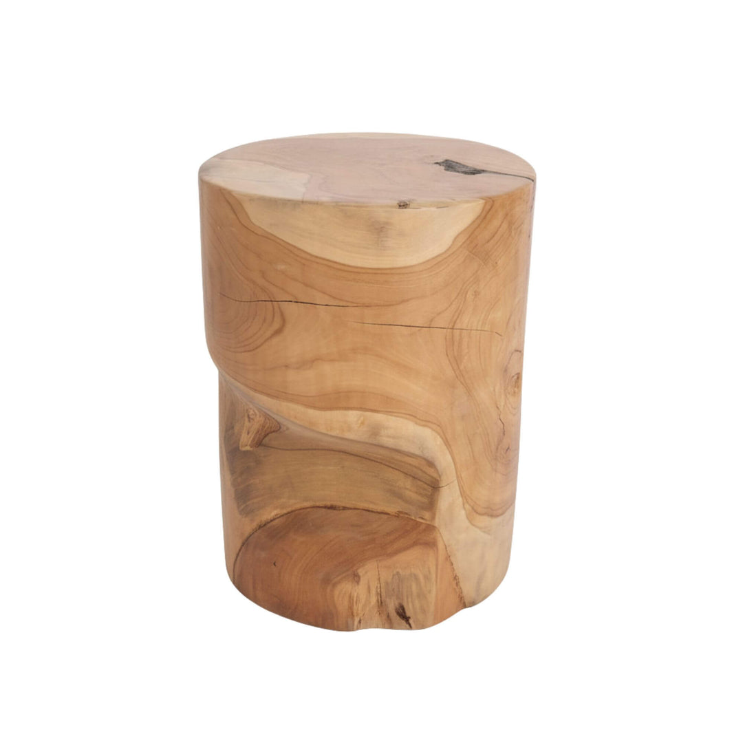 Rututu teak root stool with natural finish on a white background