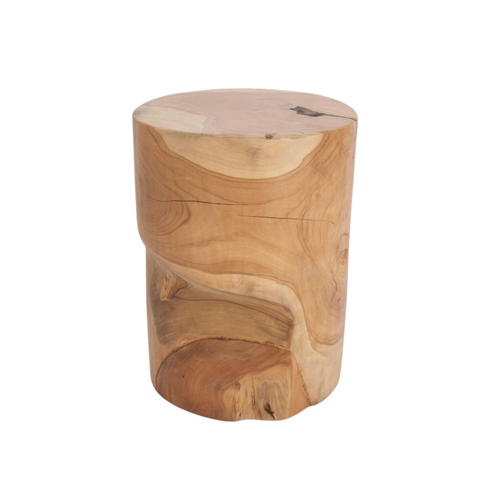 Rututu teak root stool with natural finish on a white background