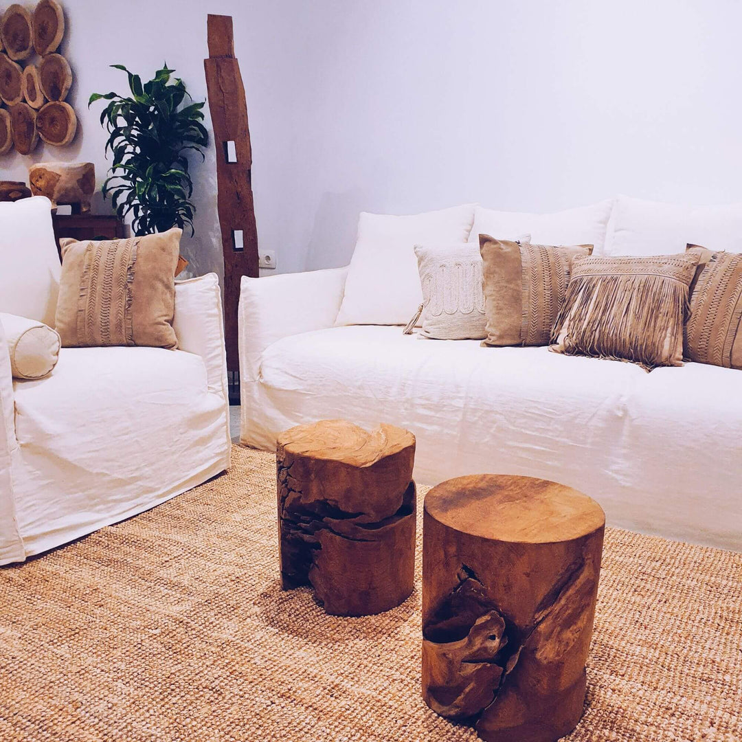 RURUTU TEAK ROOT STOOL ON A LIVING ROOM