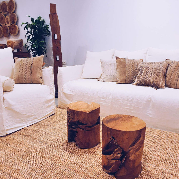 RURUTU TEAK ROOT STOOL ON A LIVING ROOM