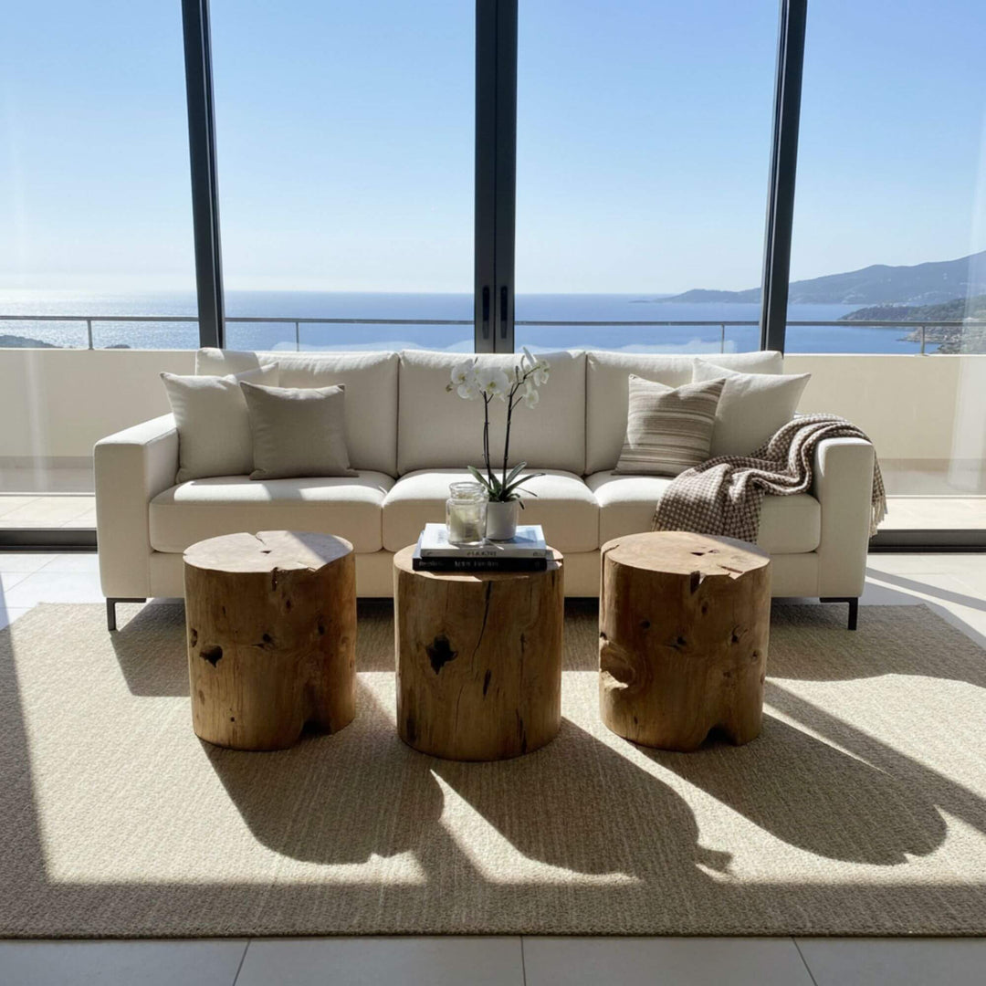 Teak root stool displayed as an accent piece in a modern living room.