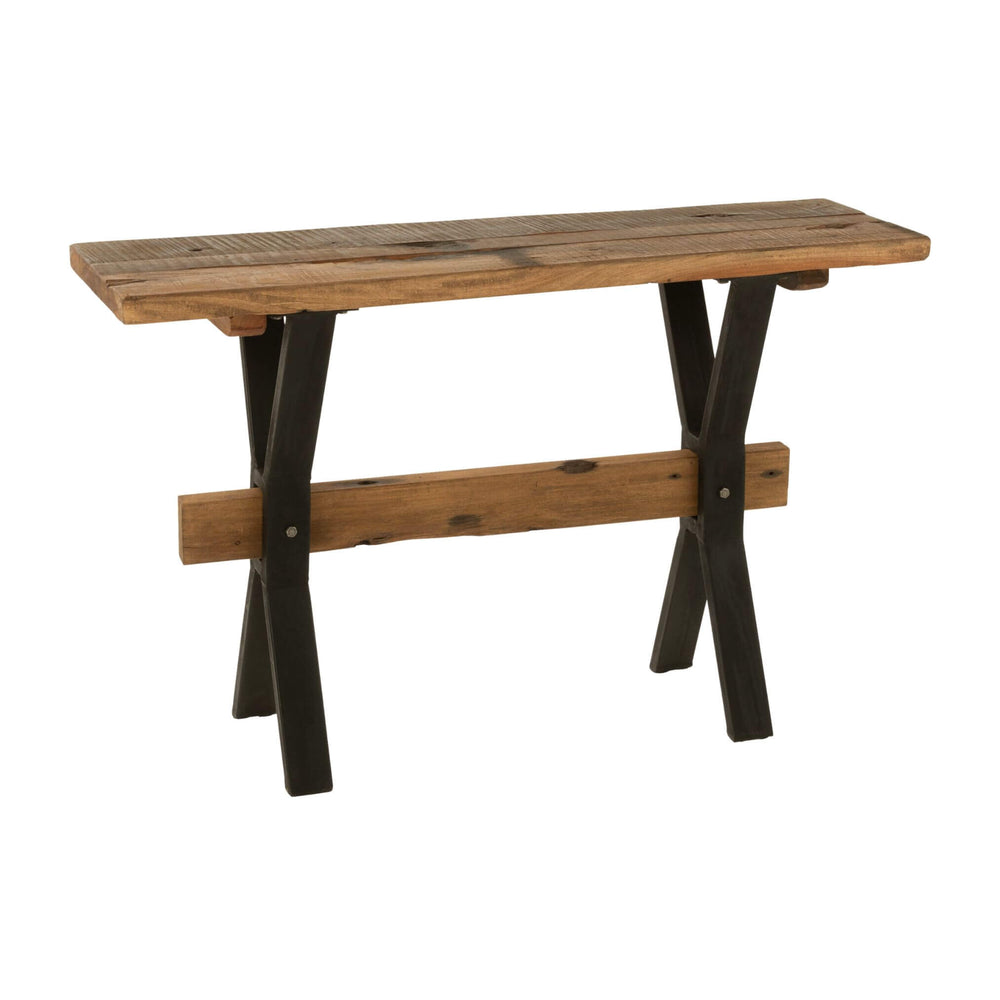 Slim teak and metal console table, angled view.