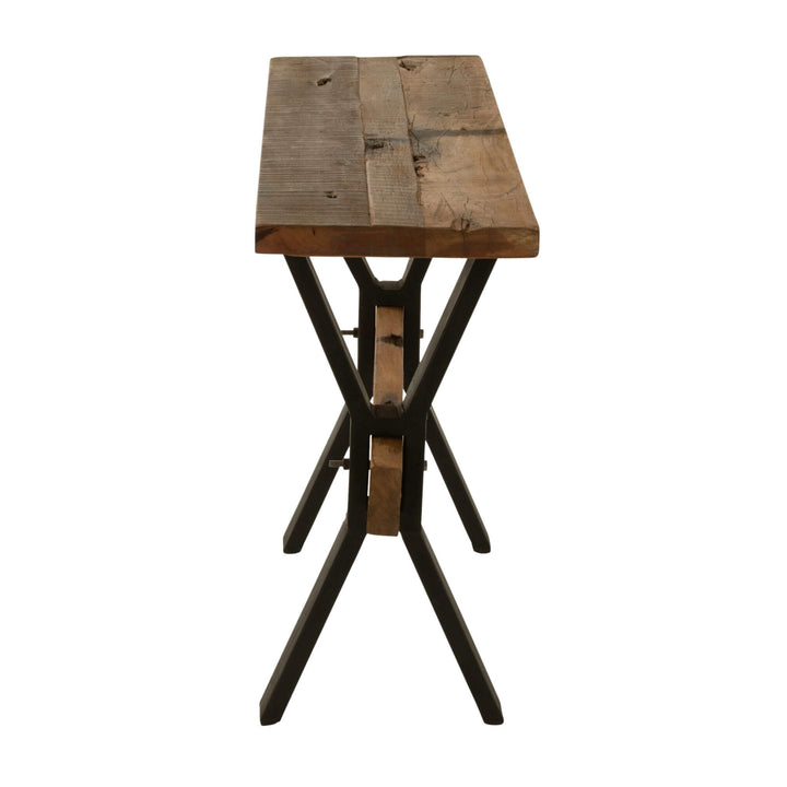 Narrow hall console with black cross legs, front three-quarter.