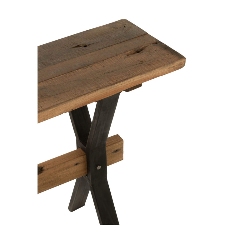Close-up of recycled teak tabletop corner and wood grain.