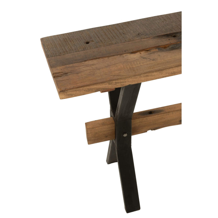Close-up of recycled teak tabletop corner and wood grain.