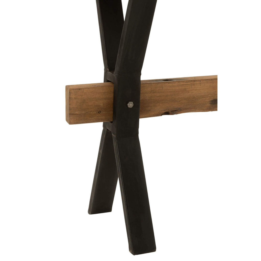 Black metal leg detail with cross support, console table.