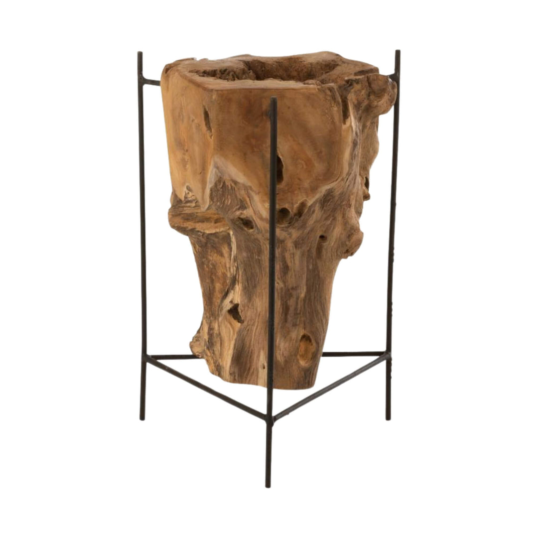 Front view of Rututu stand with natural teak root in black metal frame