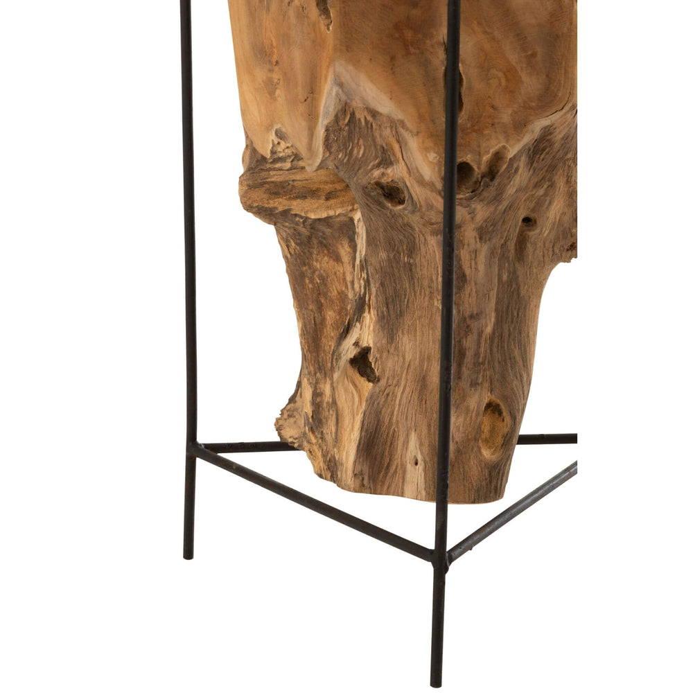 Side view showing organic teak root texture and slim metal supports