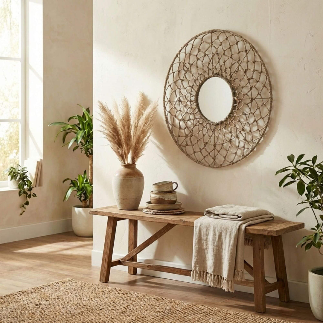 Nest living room with wooden bench, decorative Ruwe banana round mirror, and plants.
