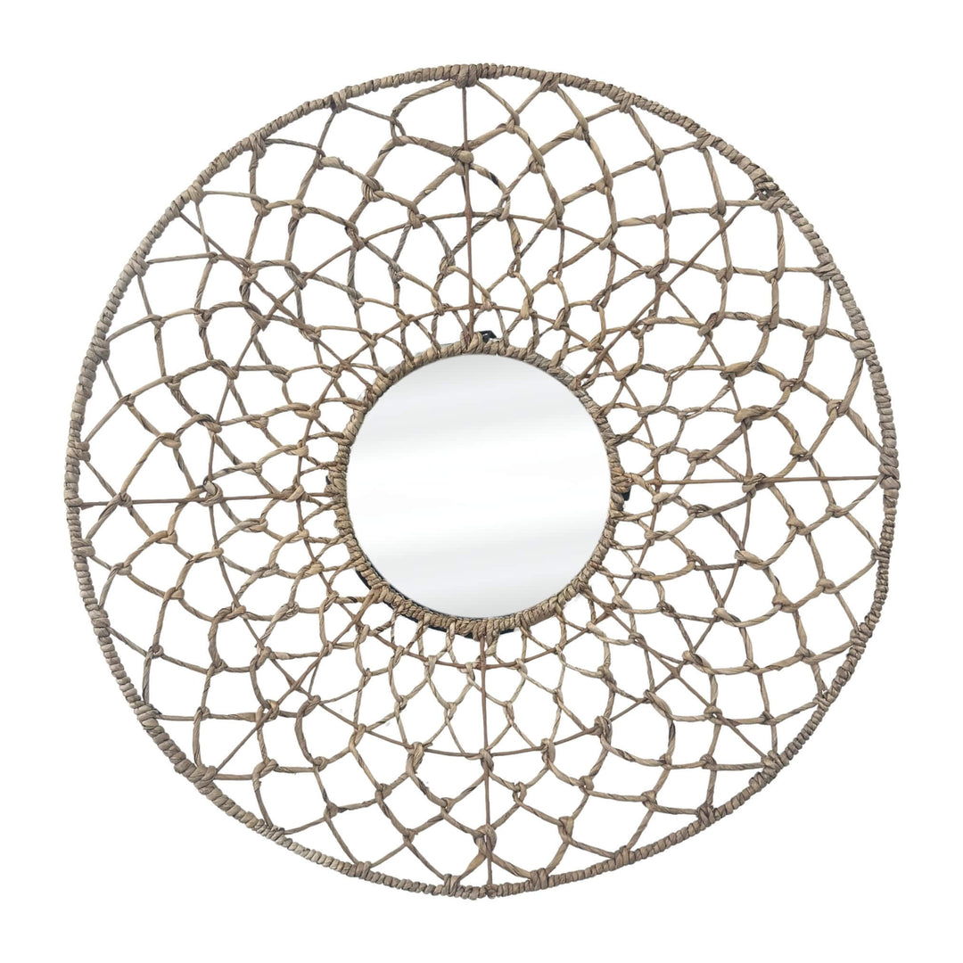 Ruwe Banana Round Mirror with woven banana leaf sunburst frame.