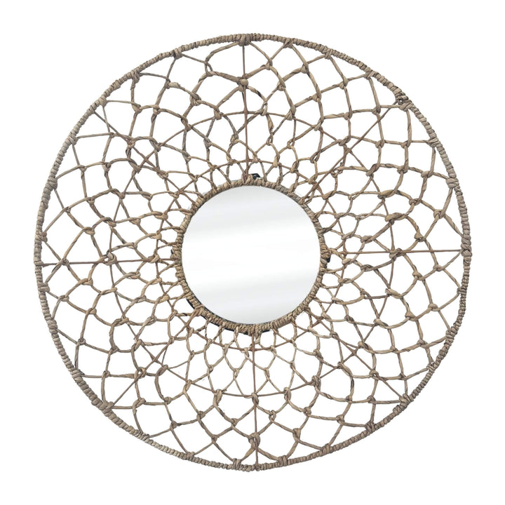 Ruwe Banana Round Mirror with woven banana leaf sunburst frame.