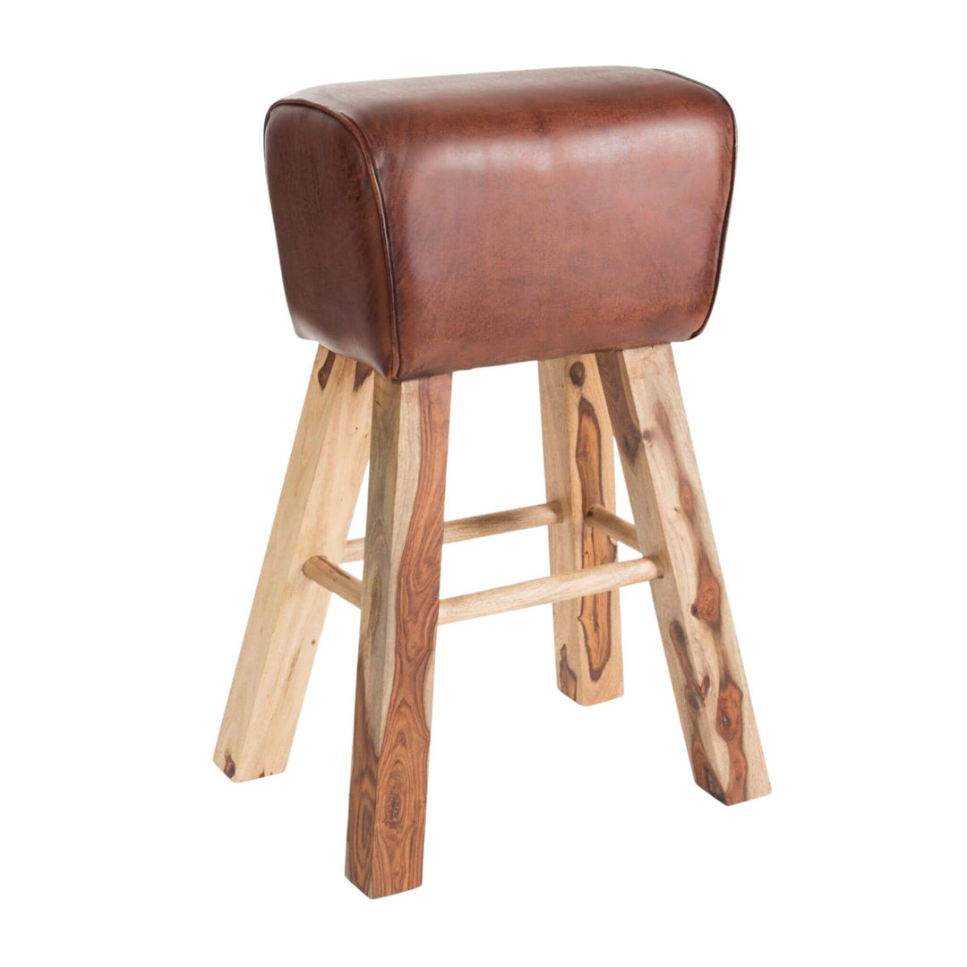Rock Bar Stool with brown leather seat and wooden legs front view