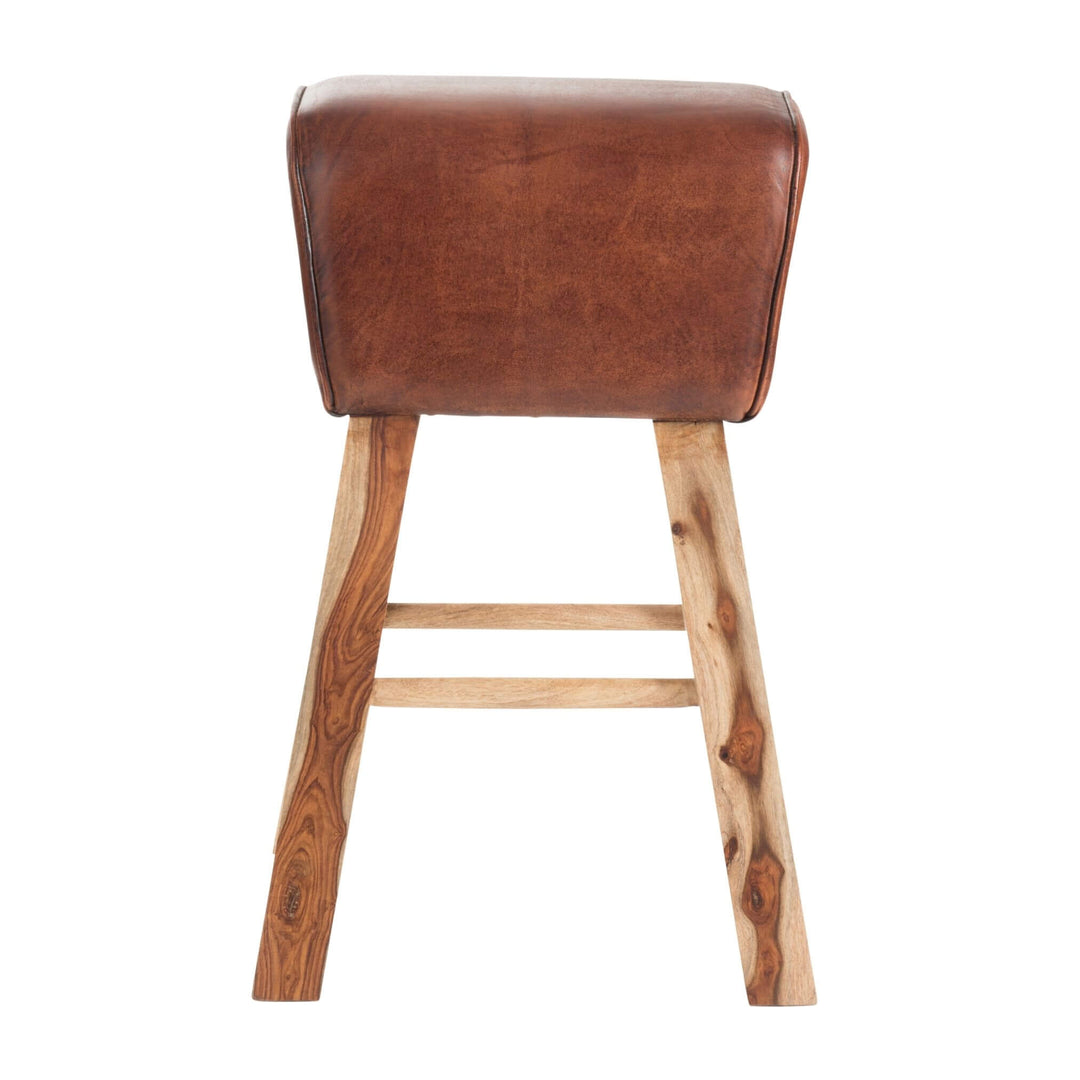 Rock Bar Stool with brown leather seat and wooden legs front view