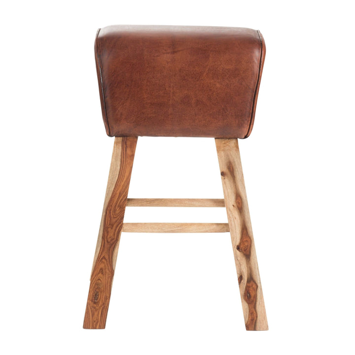Rock Bar Stool with brown leather seat and wooden legs front view