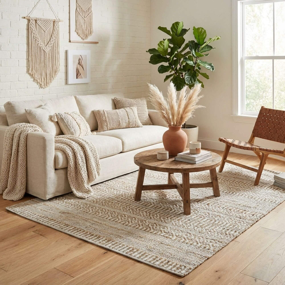 Styled interior scene featuring the Sadar Rug in a bright living room setting.