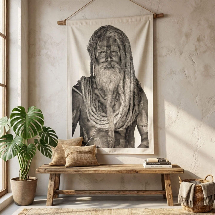 Styled interior scene with the Sadhu Man tapestry displayed above a wooden bench in a calm, neutral space.