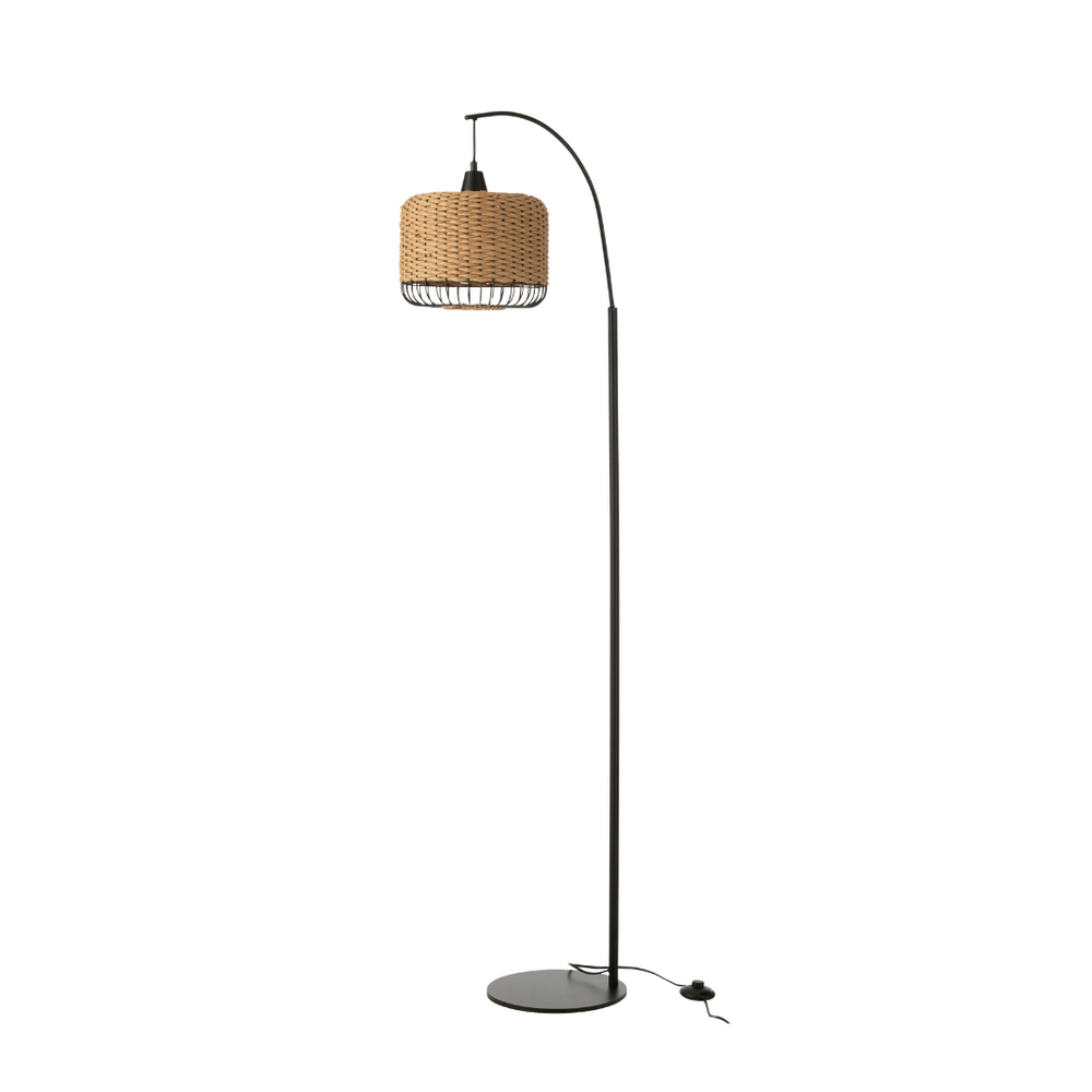 Sahana floor lamp with natural woven shade on black metal stand, front view.