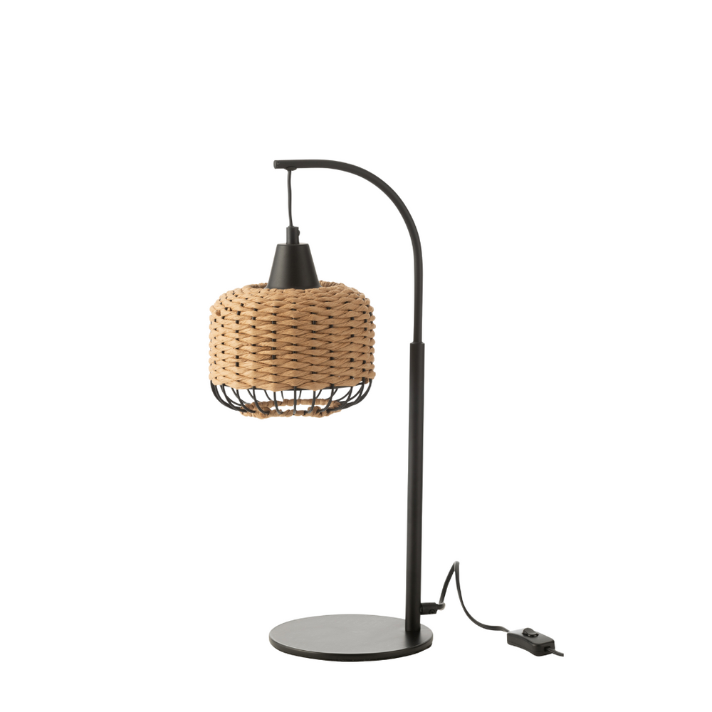 Sahana table lamp with natural woven fiber shade and black metal stand, front view.