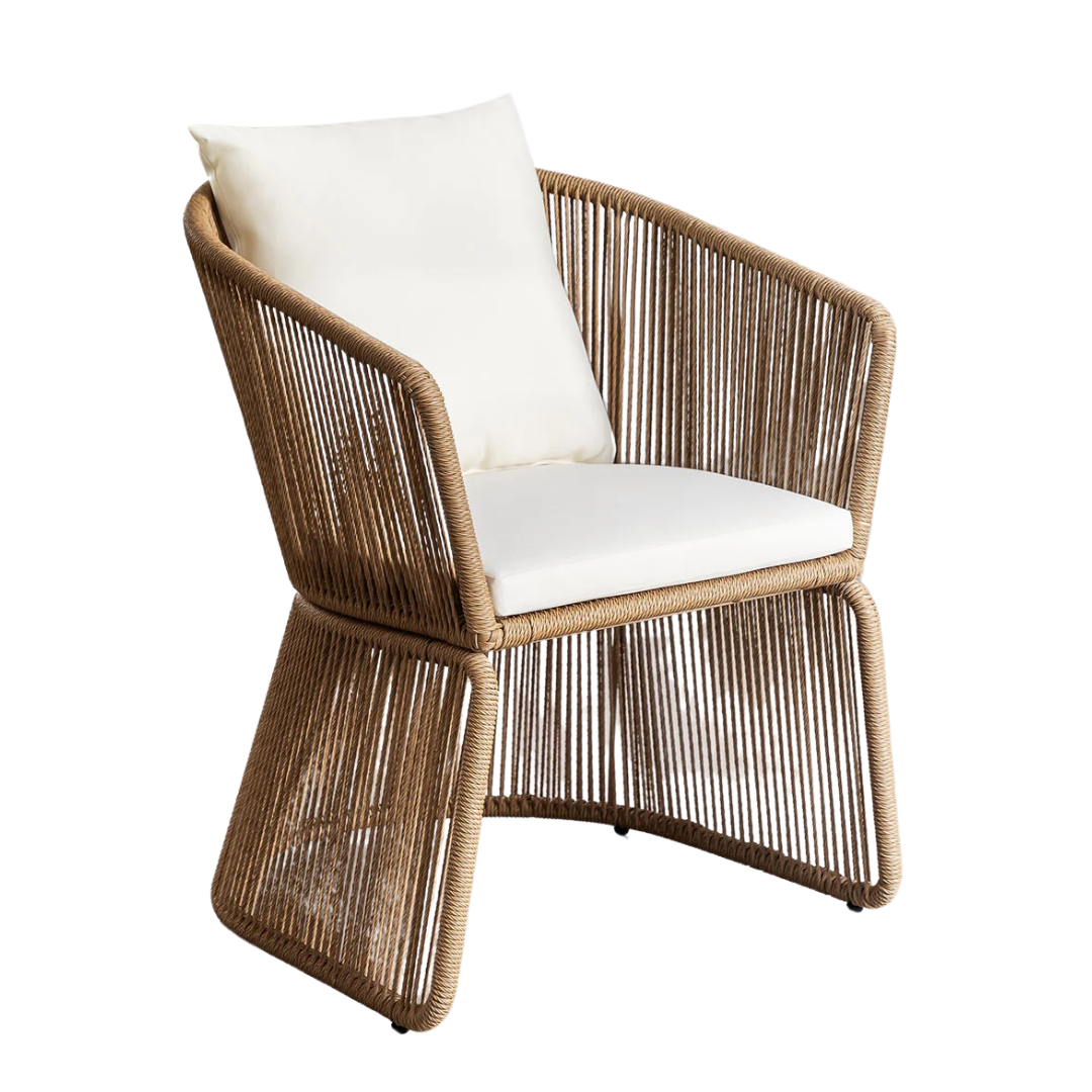 Front view of Saigon Wicker Dining Chair with natural wicker and white cushion.