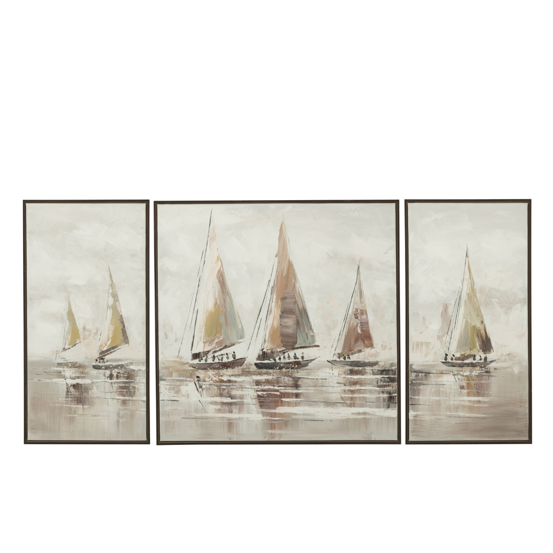 Front view of the Sailboat Painting triptych featuring sailboats in soft neutral coastal tones.