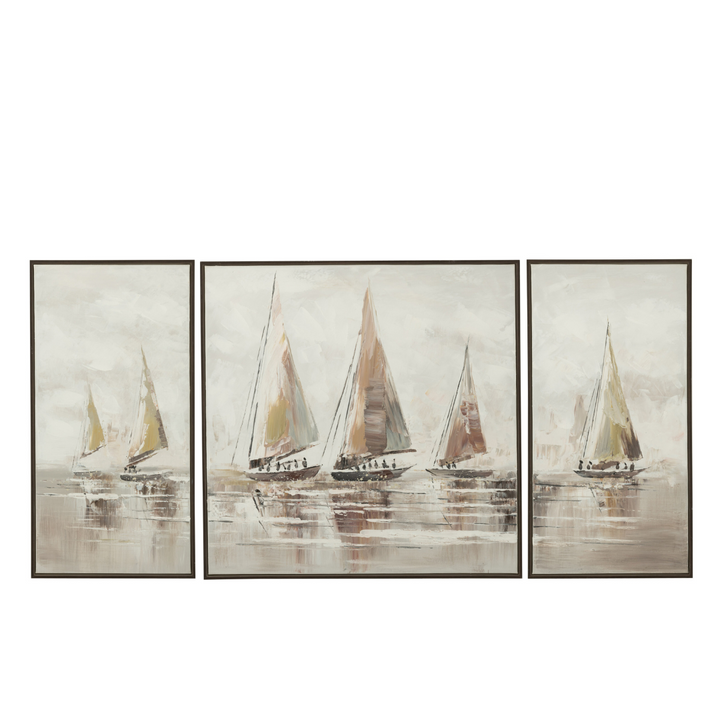 Front view of the Sailboat Painting triptych featuring sailboats in soft neutral coastal tones.