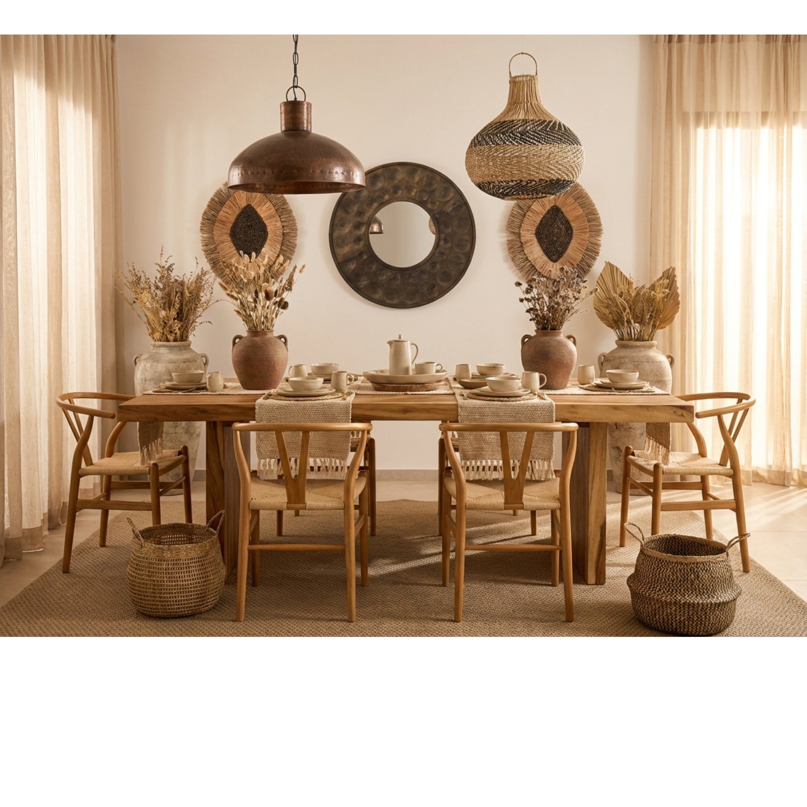 Dining room with wooden table, chairs, and decorative elements in a warm setting.