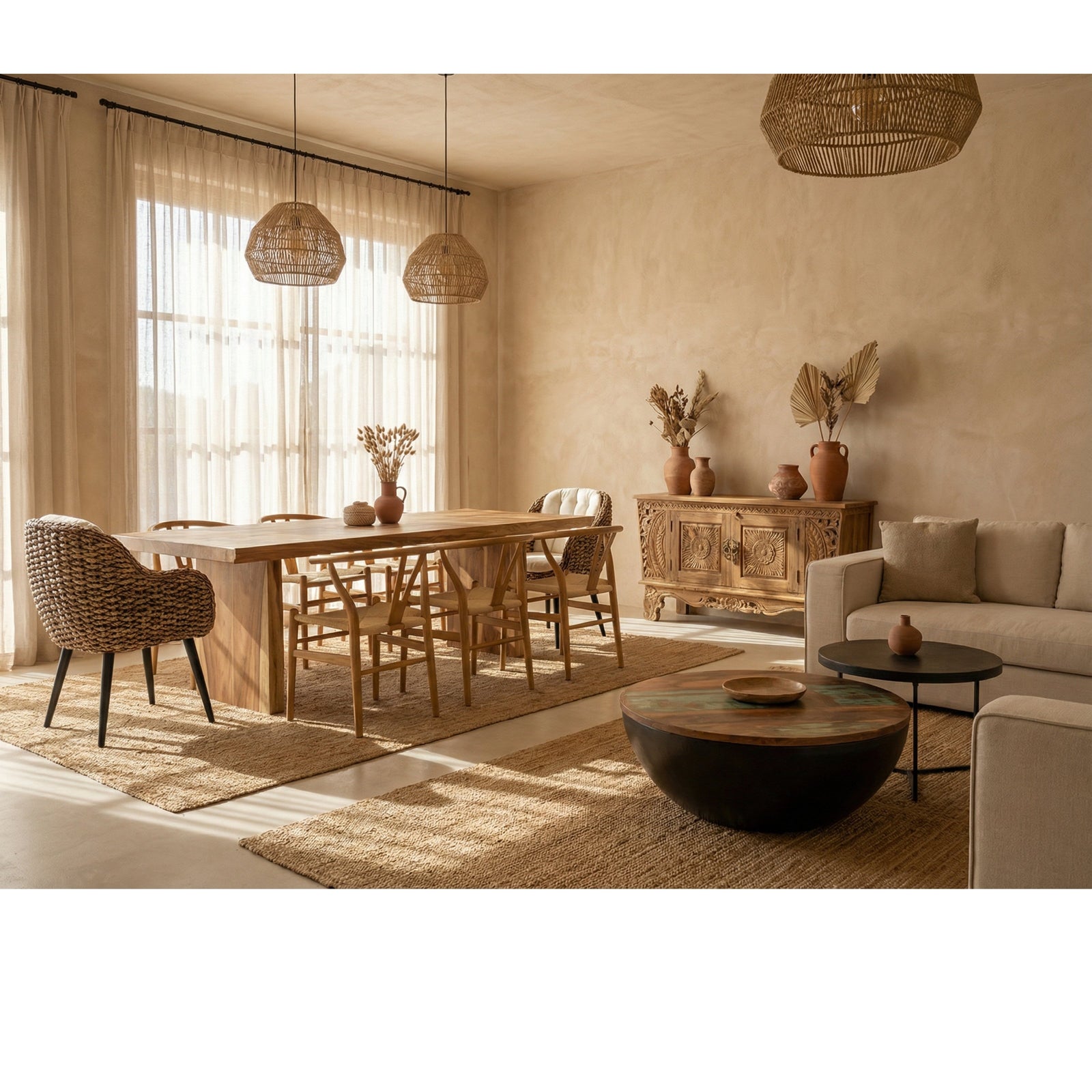 Modern living room with wooden furniture and neutral decor