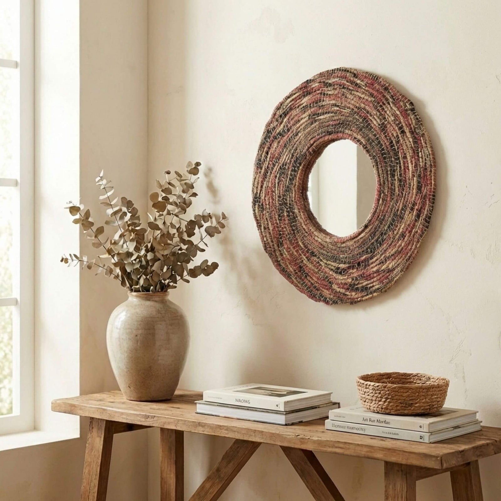 Woven Samara mirror on a wall above a wooden console table with decor items.