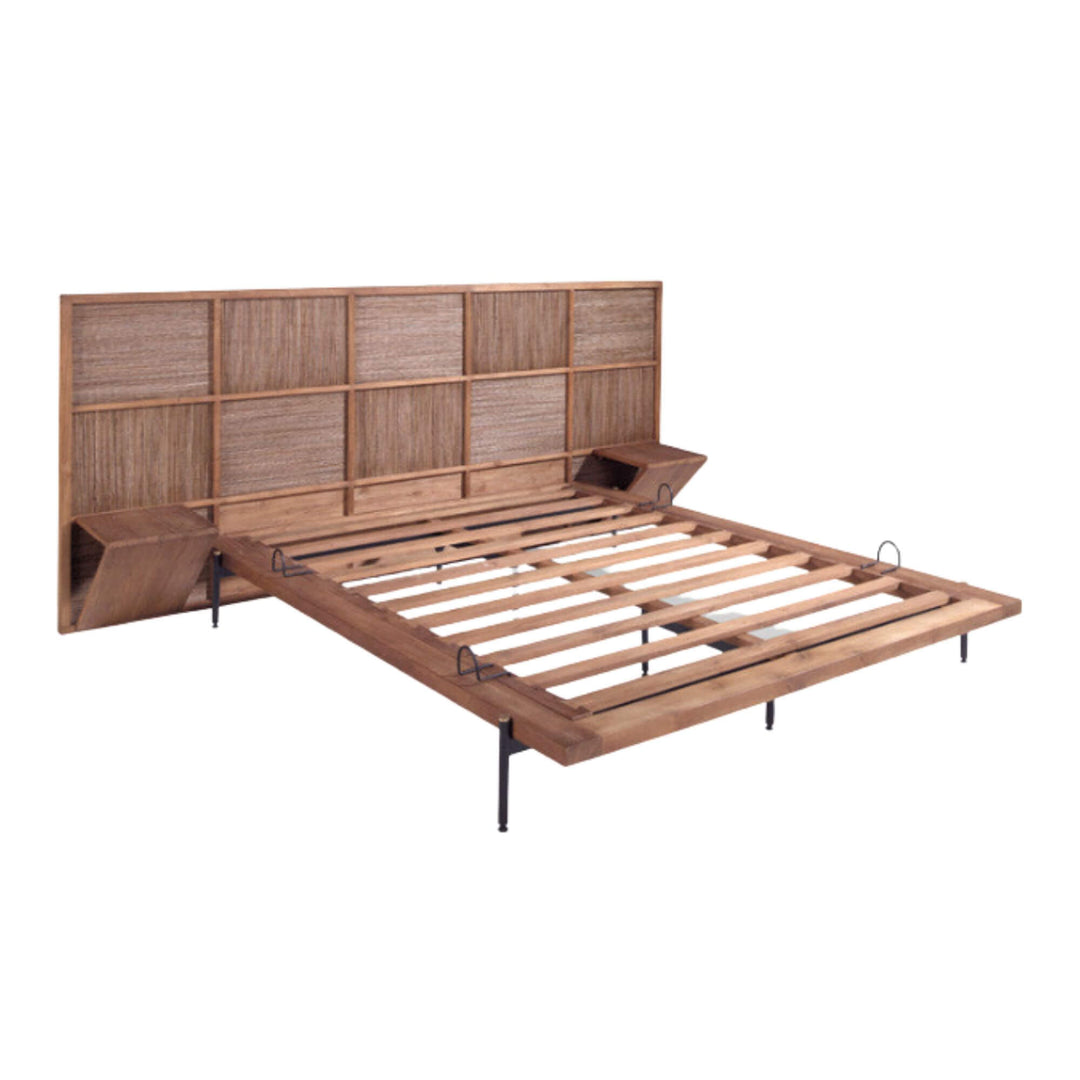 Angled view of the Samar Bed showing reclaimed teak wood frame and coconut weave headboard.