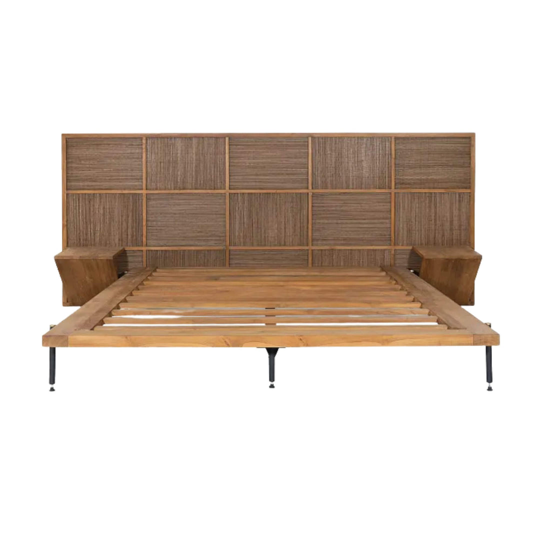 Front view of the Samar Bed showing reclaimed teak wood frame and coconut weave headboard.