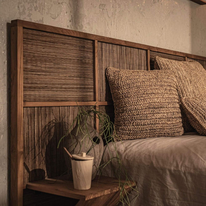 Close-up of the woven coconut headboard texture on the Samar Bed.
