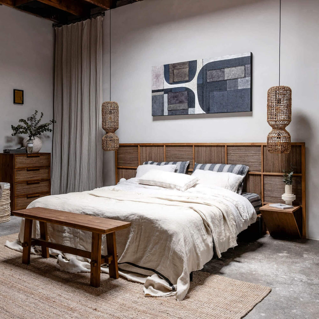 Side view of the Samar Bed showing teak wood details and built-in ledges.