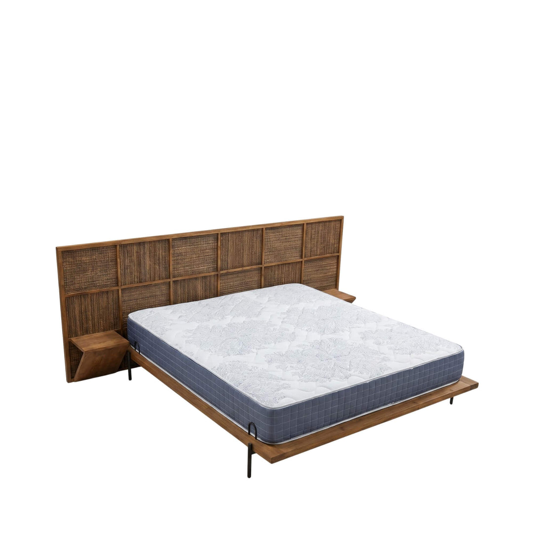Front view of the Samar bed with reclaimed teak wood frame, woven coconut headboard, and included mattress.