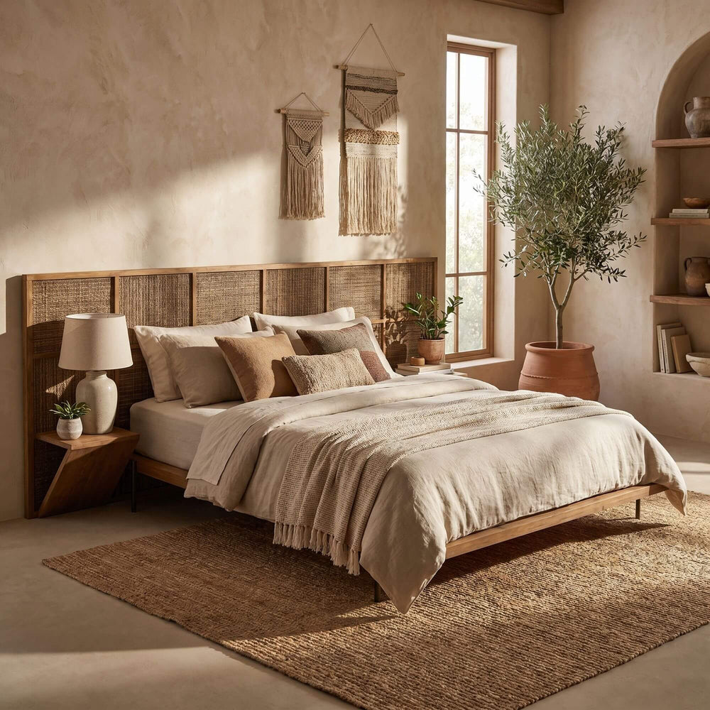 Styled bedroom setting featuring the Samar bed with natural textures and warm Mediterranean decor.