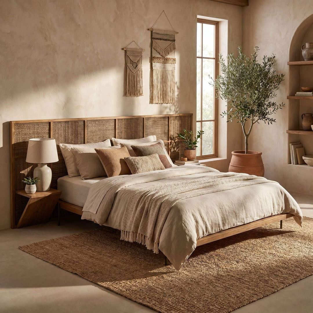Styled bedroom setting featuring the Samar bed with natural textures and warm Mediterranean decor.