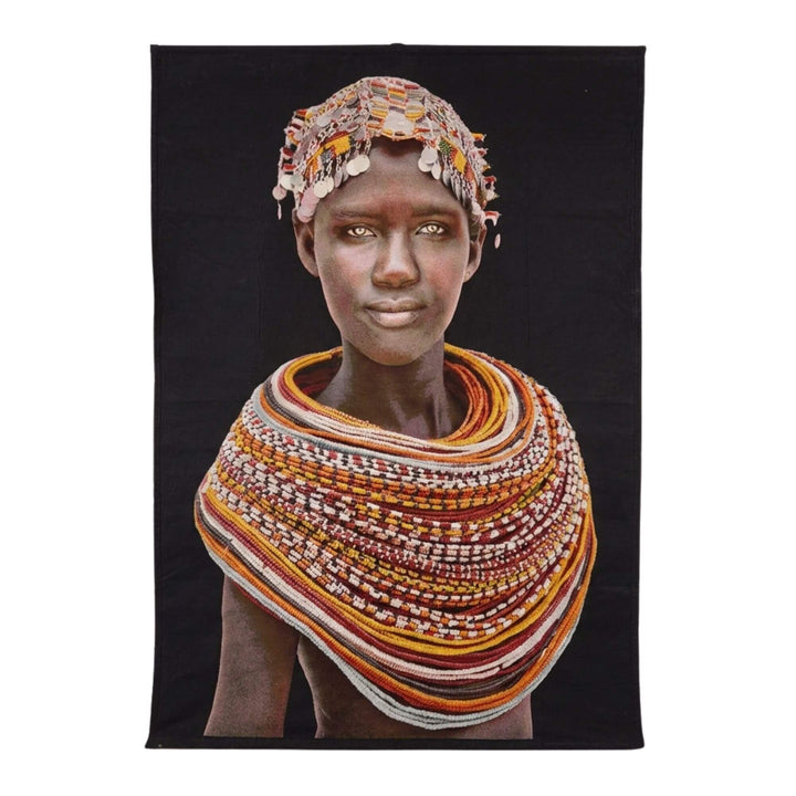 Front view of the Samburu Girl tapestry featuring a traditional African portrait with layered beaded necklaces.