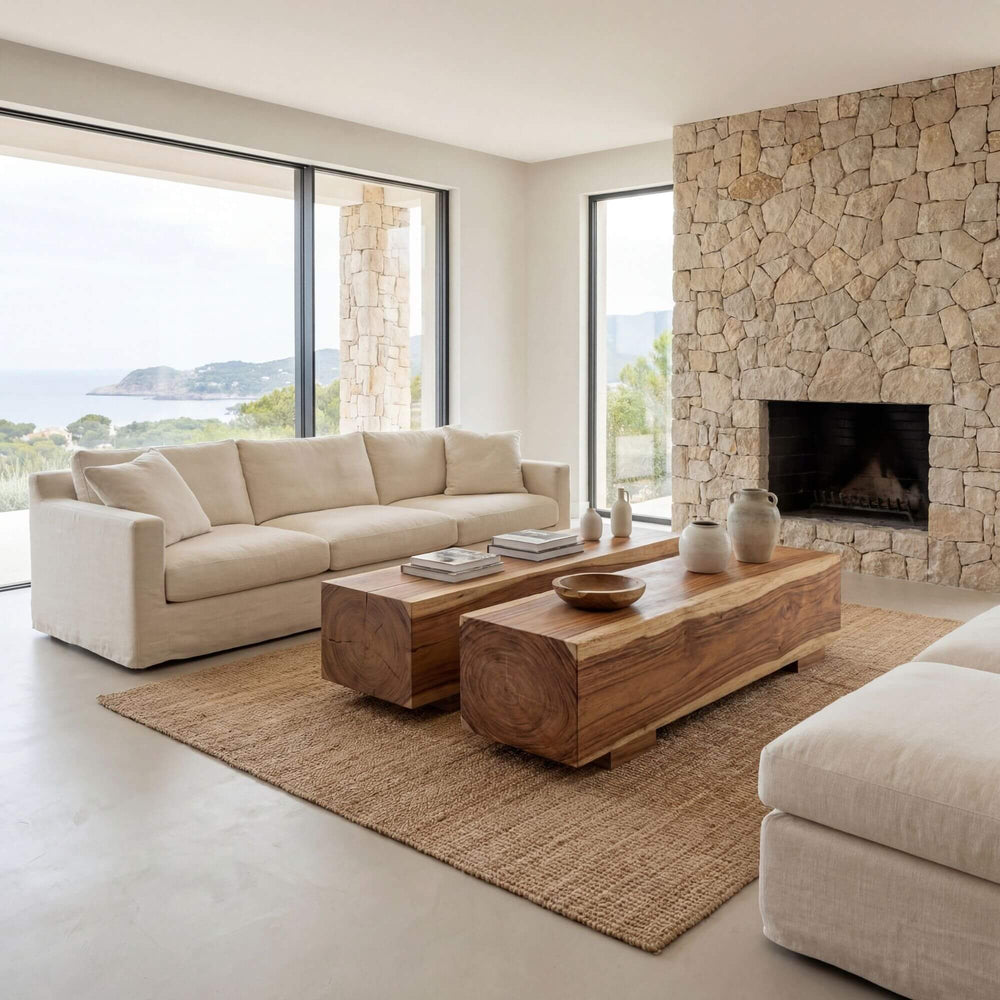 Styled living room setting featuring the Samosir bench used as a sculptural wooden accent table in a warm natural interior.
