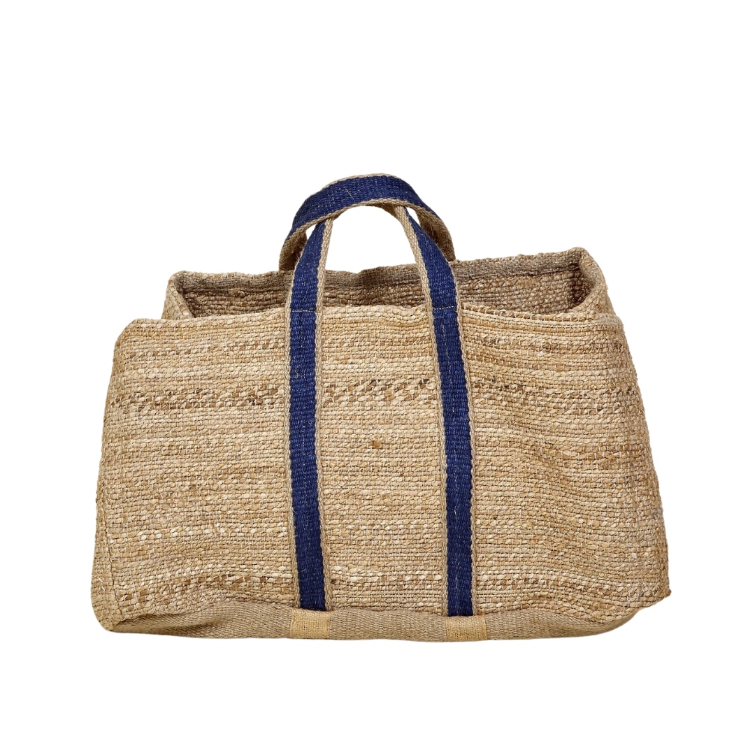 Front view of Samsara jute basket with navy blue handles