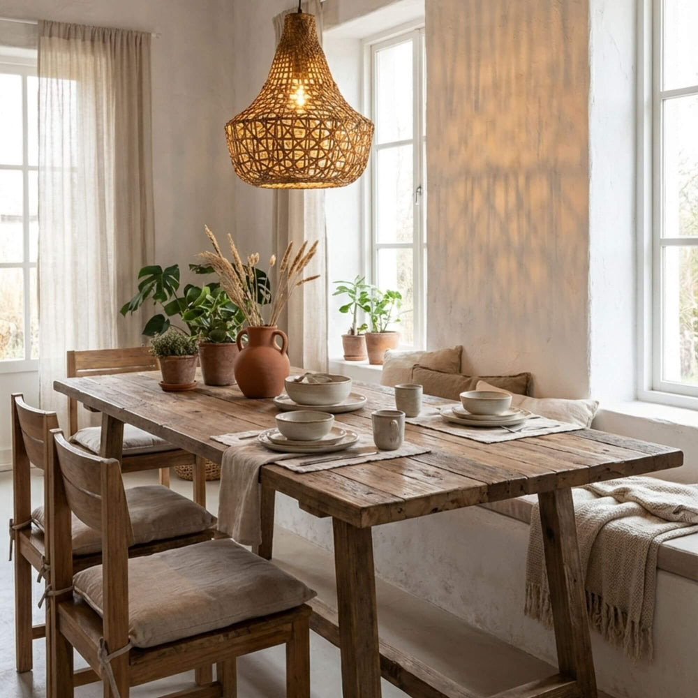 Dining room with wooden Samui rattan lamp and chairs, potted plants, and a woven pendant light.