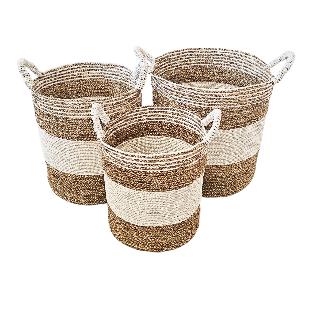 Set of Sanblas seagrass baskets with white stripes in three sizes