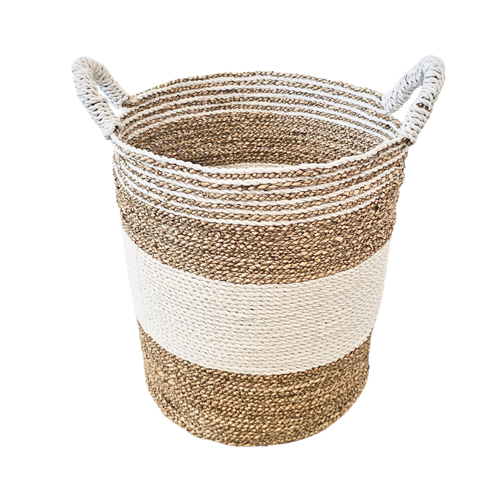 Large Sanblas seagrass basket with natural and white bands