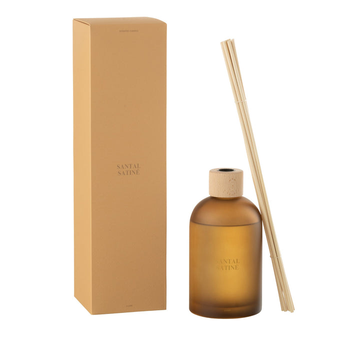 Box and bottle set of the Santal Satiné Diffuser with natural fragrance reeds.